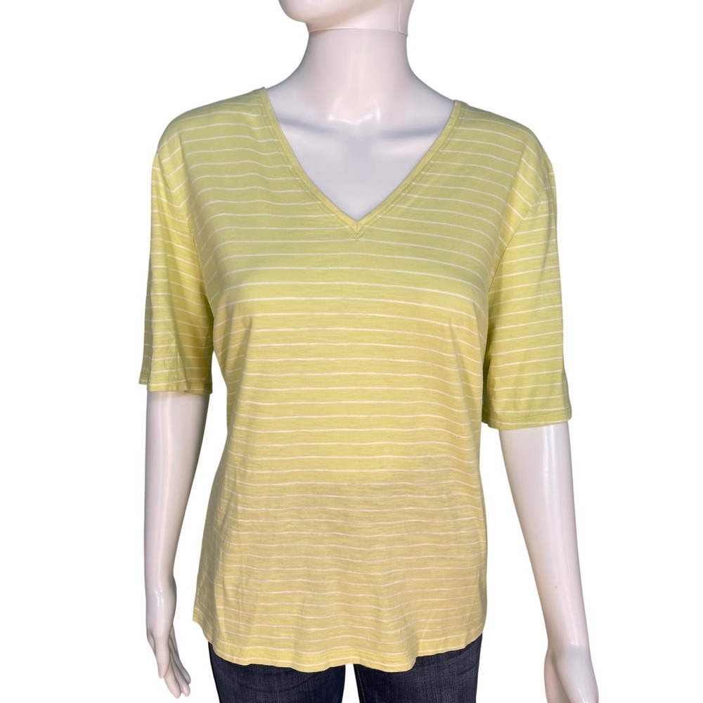 Eileen Fisher Yellow White Striped V-Neck Organic Cotton T-Shirt XL Coastal